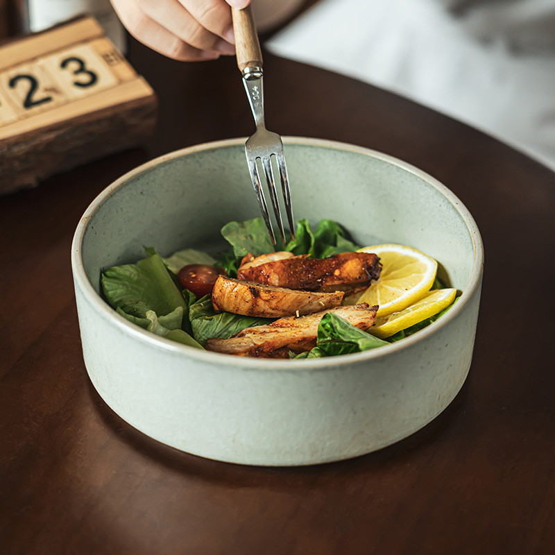 Retro simple verde pálido cerámica recta tazón de fondo plano tazón redondo platos de platos de platos de sopa tazón de frutas tazón de ensalada