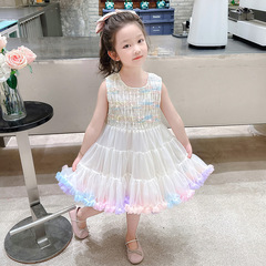 小女孩夏季甜美彩虹突突連衣裙六一節日班級舞台演出服網紗公主裙