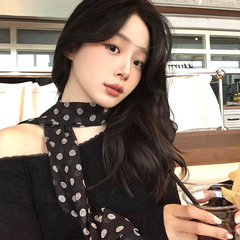 韓国風レトロ黒水玉ローズ柄ロングシルクスカーフy2k甘辛ミレニアム風リボンネックウォーマーリボン蝶結び