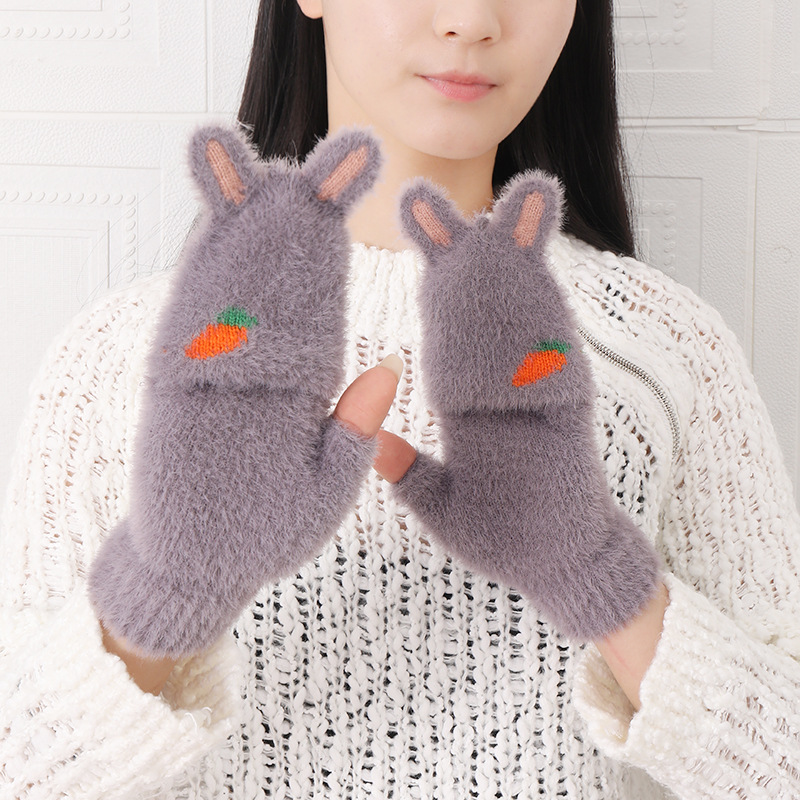 2024 nuevos estudiantes con dedos perdidos, cálidos y lindos bordados, guantes de medio dedo de invierno arcoíris, guantes de punto y flip de terciopelo