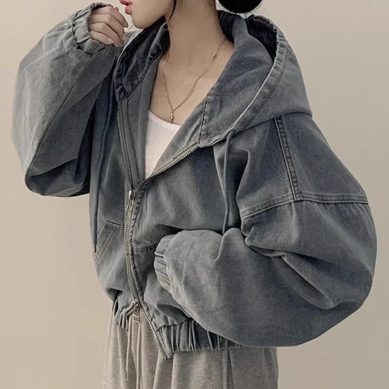 South Korea Chic Autumn Vintage Elegant Zipper All-match Loose Casual Long-sleeved Hooded Short Denim Coat for Women