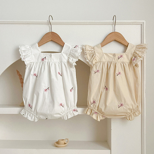INS Summer Cute Baby Bodysuit with Lace Square Collar Embroidered Diaper Suit Cotton Sleeveless Hosiery Climbing Suit