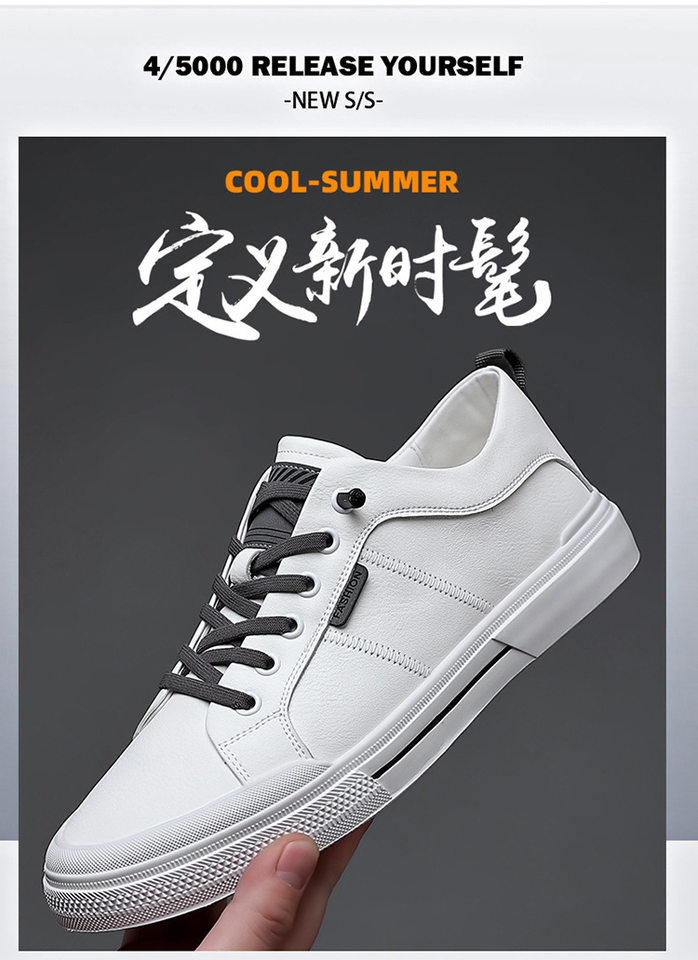 Giày da nam kiểu sneaker cổ thấp dây buộc co giãn, đế cao 1-3 cm — Màu trắng, Màu đen chi tiết 4