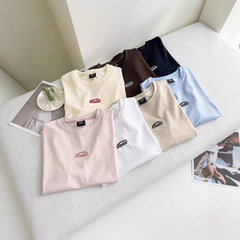 韓国ニッチブランド emis 無地レター刺繍ラウンドネック万能着痩せ半袖 Tシャツキャンディーカラートップ女性用