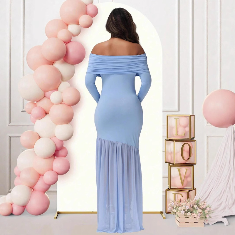 European and American Maternity Wear Long-Sleeved One-Shoulder Maternity Dress Elegant Slim Fit Hip-Covering Mesh Splicing Dress Maternity Dress