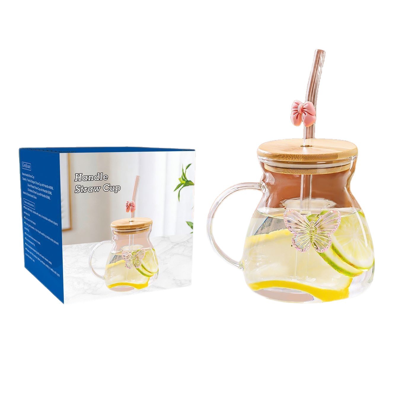 Taza de café de alto valor facial de vidrio transparente con mango de vidrio de alto silicio, taza de paja de hielo de bebidas americanas gordo