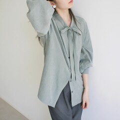 SS STUDIO 秘色蝴蝶结系带灯笼长袖小羊皮磨毛感衬衫女宽松