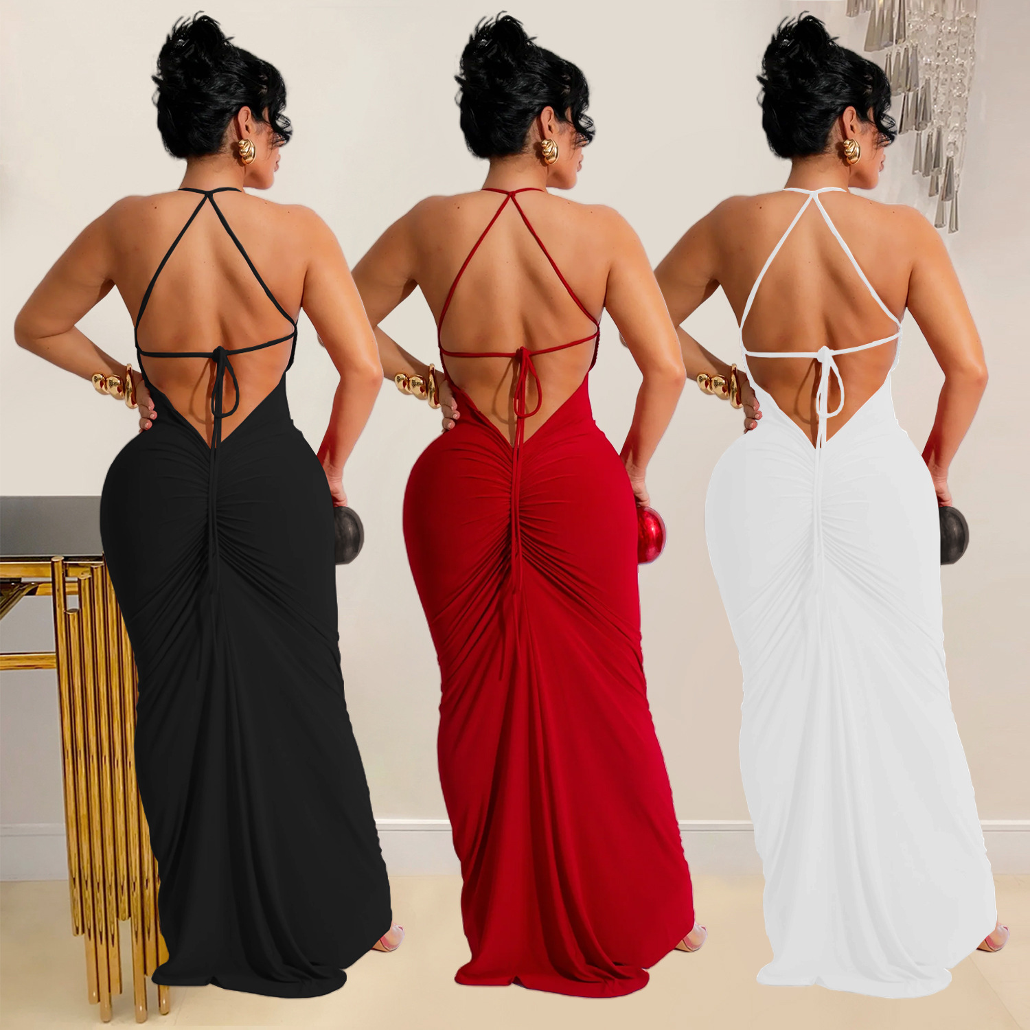 C7116 cross-border AliExpress Amazon Europa y América moda de mujer esbelta sexy V-collar vestido de espalda image 3