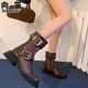 Brown Summer Thin Breathable Cut Out Genuine Leather Boots Women's Short Boots Thick Heel Sandals Thick Sole Motorcycle Boots Mesh Boots