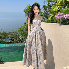 フレンチレトロブルー油絵ロングスカートビーチスカート砕花ストラップドレス女性夏妖精気品质感高级感