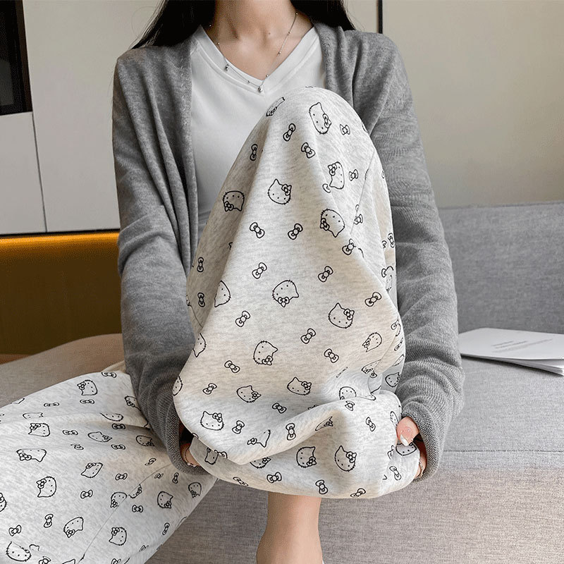 白灰色阔腿裤女春秋2025新款休闲裤高腰直筒宽松印花拖地休闲裤子
