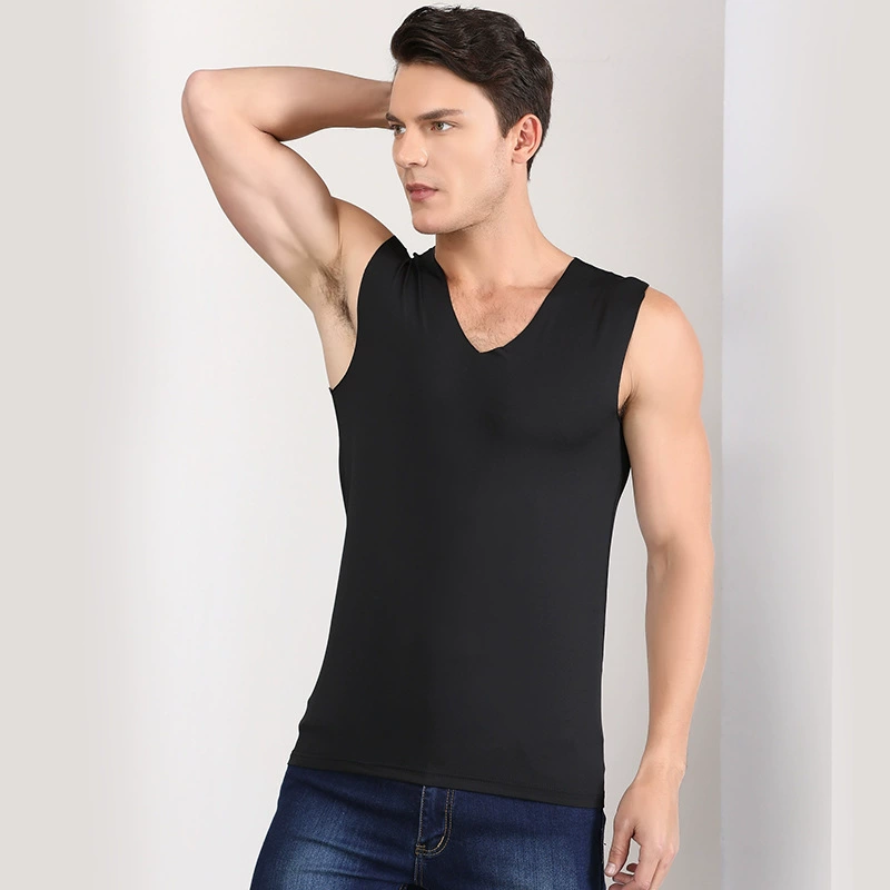 Спортивный летний топ бесрукавка, V-образный вырез, плотный, slim fit
