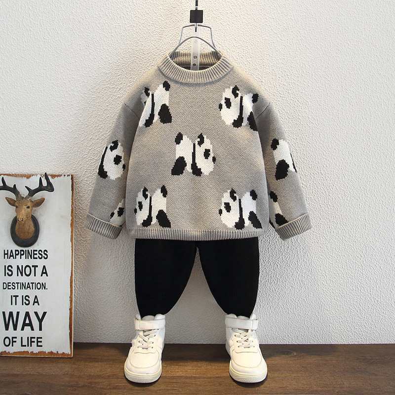 6485 suéter de punto para niños 2025 nueva ropa de otoño e invierno suéter de cuello redondo de dibujos animados para bebés marea de lana gruesa para niños