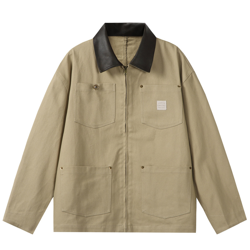 Japanese Retro Multi-Pocket Pu Leather Collar Patchwork Work Jacket Unisex Loose Barn-Style Hunting Jacket Trendy