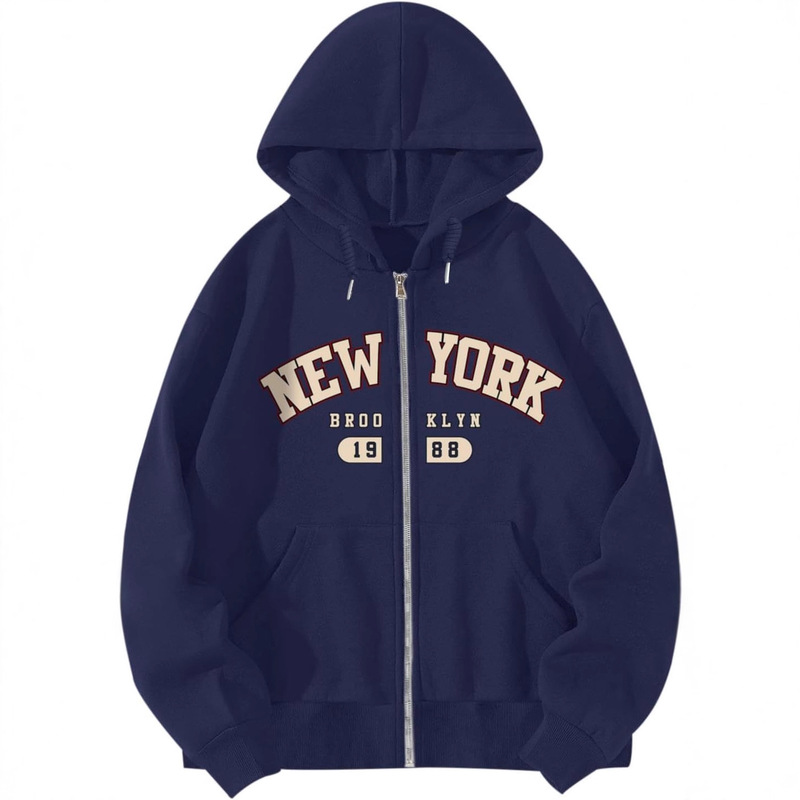 Pairxily New York Graphic Zip Hoodie Women Full Zip Hoodies Letter Jacket College