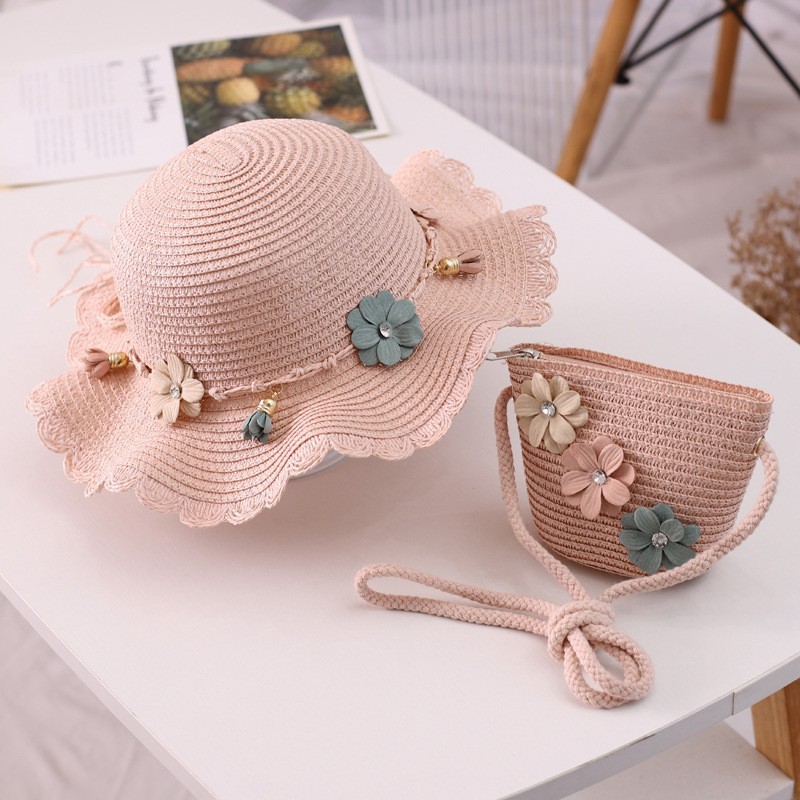 Flower diamond wavy edge straw hat-pink