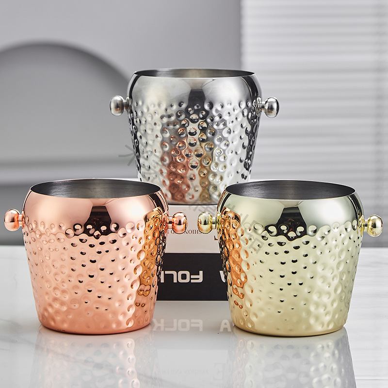 Cubo de hielo portátil de acero inoxidable con doble asa para enfriar cerveza, cubitos de hielo, vino de bar, champán, pollo frito y aperitivos.