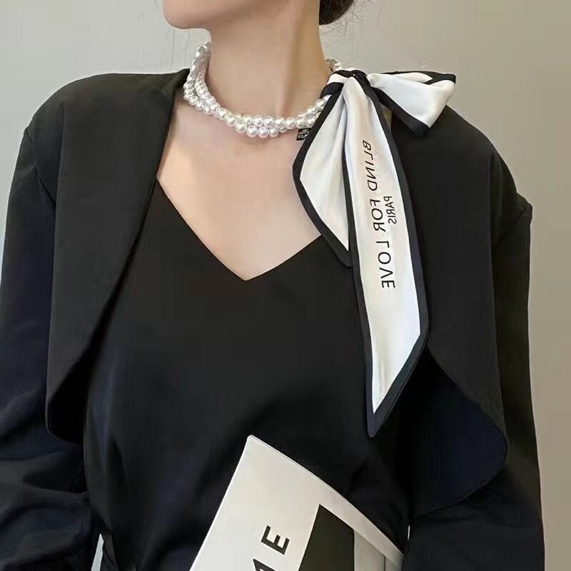 法式复古春夏珍珠项链女款2024新款丝巾锁骨链绑发带轻奢小众颈链|undefined