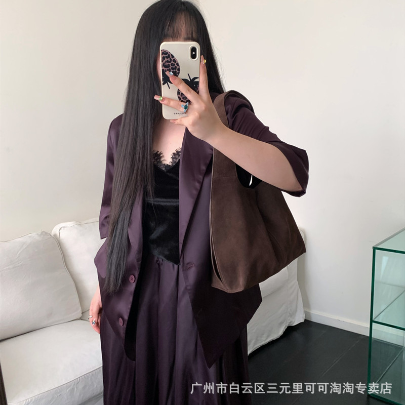 2025新款复古慵懒风美拉德麂皮磨砂牛皮托特包大容量单肩腋下女包|undefined