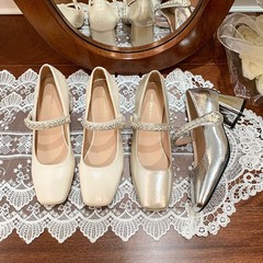 本革シルバーハイヒールレディース夏の新ファッションラインストーンメリージェーン浅い口スクエアトゥ太いヒール気質本革靴