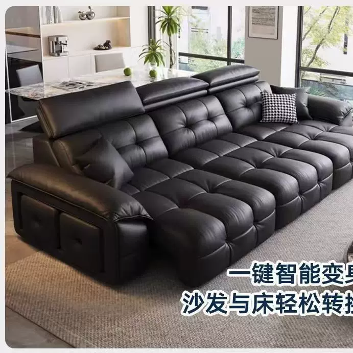 新款现代简约靠墙可伸缩电动功能沙发意式极简客厅头层牛皮沙发床