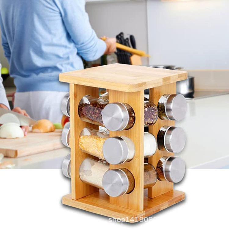 Bamboo home seasoning rack wooden kitchen seasoning storage rack can rotate multi -layer spice sets storage rack