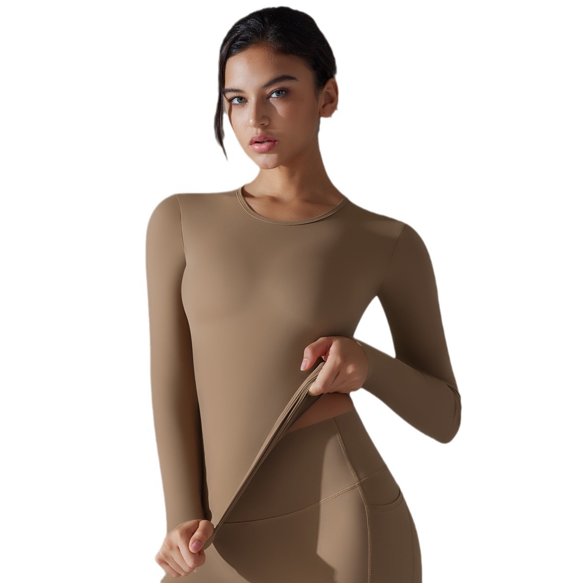 Nuevo doble abrasión de color sólido ropa de yoga larga mangas largas elásticas transpirables deportivas correr camiseta de fitness casual para mujeres