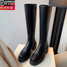 sw真皮厚底长靴女2022秋冬新款侧拉链粗跟高筒靴显瘦长筒骑士靴子