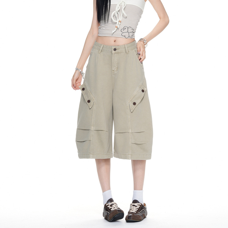 Shilin American-style workwear pleated cropped jeans for women, new summer model, high-waisted, straight-leg, loose fit, slimming and versatile Shilin American-style workwear pleated cropped jeans for women, new summer model, high-waisted, straight-leg, loose fit, slimming and versatile