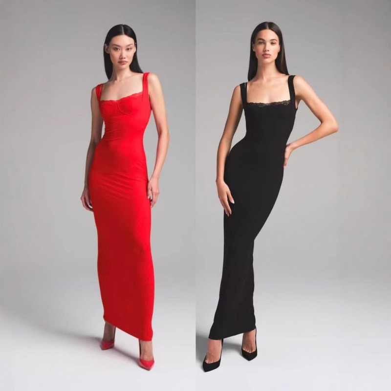 Skims Kardashian Soft Lounge Lace Pure Color Slimming Look Sexy Modal Fabric Suspender Long Skirt for Women