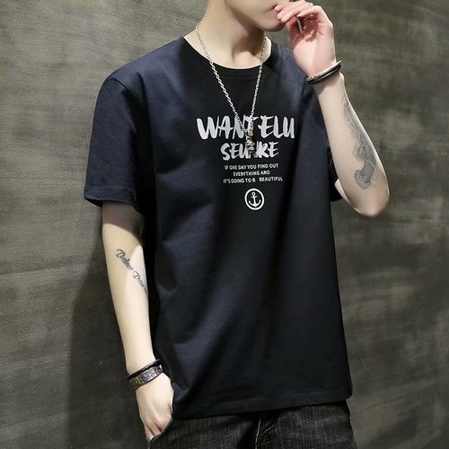 2025 Summer Men's Short-Sleeve T-Shirt Korean Style Trendy Crew Neck Letter Print Student Casual Base Shirt Wholesale