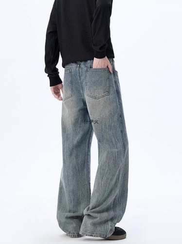 Lightning-pattern denim jeans for men, washed and aged style, American-style bootcut pants, autumn high-street trousers, loose-fit straight-leg flared-length pants.
