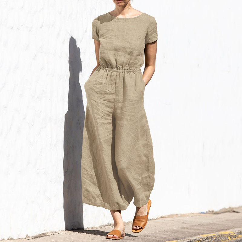 Cotton And Linen Jumpsuit Women Solid Color Sleeveless Pocket High Waist Wide Legs Jumpsuits Casual Commuting Ladies Bodysuits_voghion.com