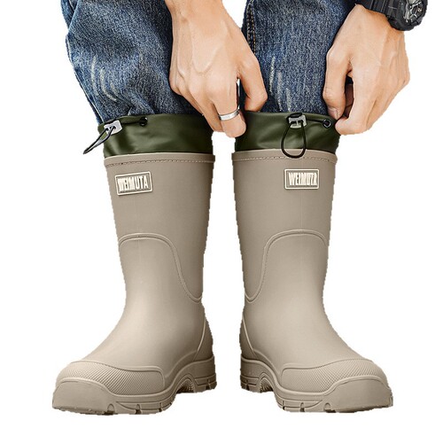 Cross-border couple's mid-rise rain boots with drawstring waterproof rain shoes for outdoor creek wading, thick-soled water shoes with anti-slip kitchen thick-soled rubber shoes