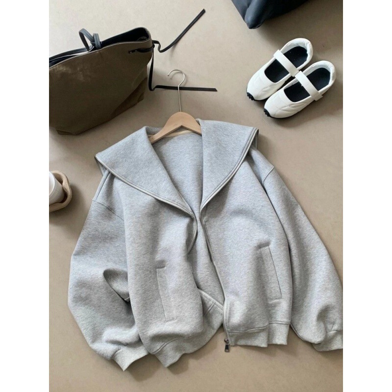 2026 New Korean Style Lazy Style Gray Navy Collar Sweatshirt Women's Zip-Up Cardigan Loose Jacket for Petite Women 2026 New Korean Style Lazy Style Gray Navy Collar Sweatshirt Women's Zip-Up Cardigan Loose Jacket for Petite Women