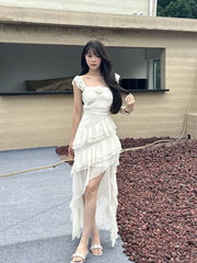 法式甜美修身连衣裙蕾丝夏季不规则辣妹拖尾绝美仙女长裙小个子