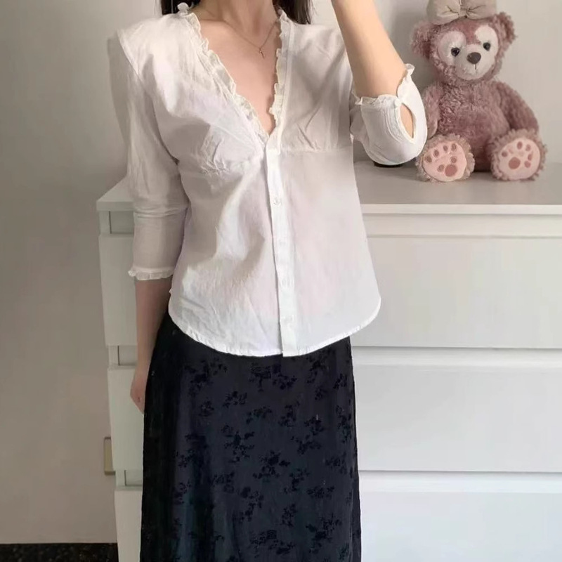 Brandy Bm New White Ruffled V Neck Button Shirt Bm Pure Lust Style Three-Quarter Sleeve Beautiful Slim Top