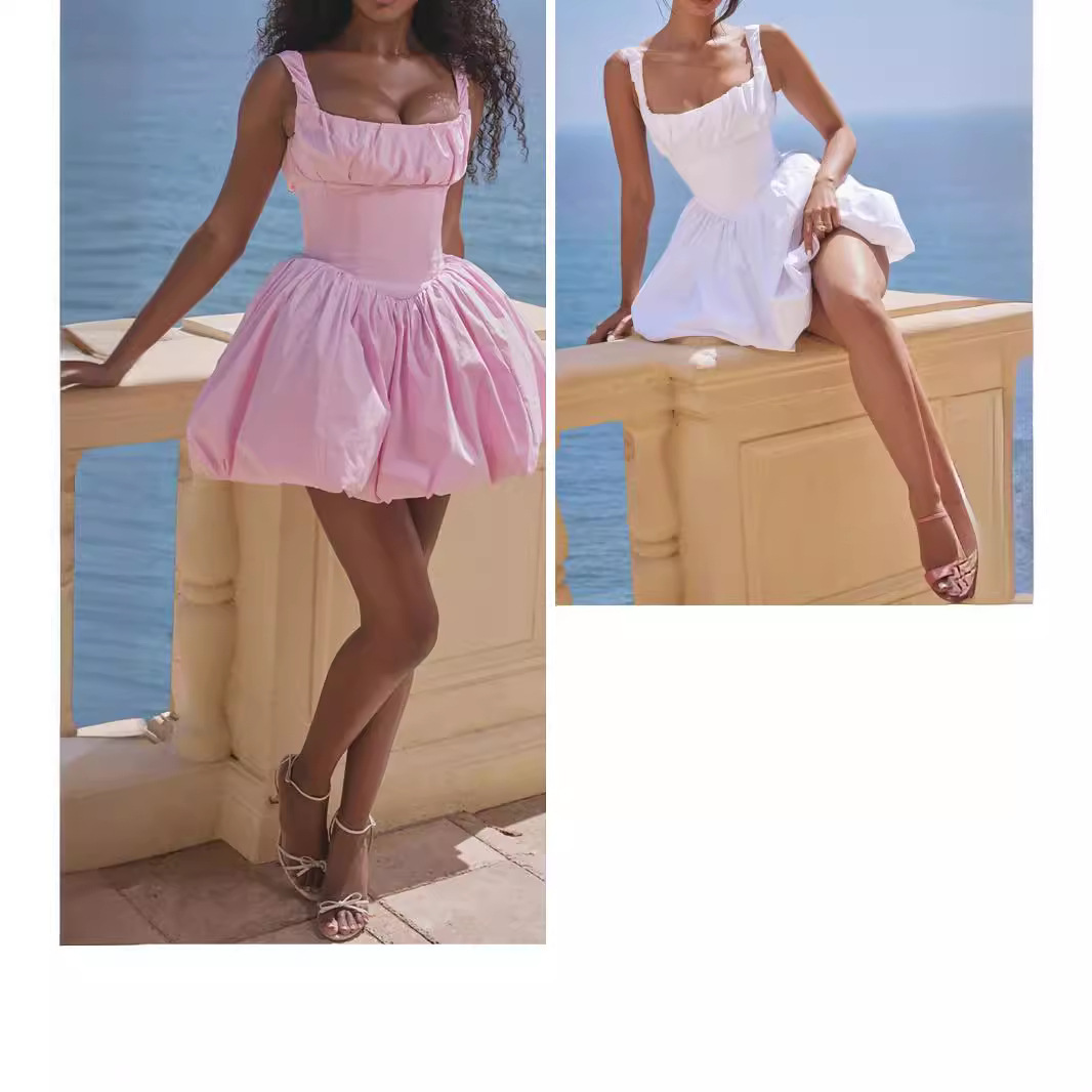 Robe bouffante rose tendance 2024, en coton, avec une jupe en résille pour plus de volume, polyvalente._voghion.com
