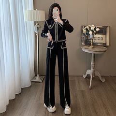 2025秋冬新款时尚韩版小香风套装上衣开衫阔腿裤收腰显瘦两件套女