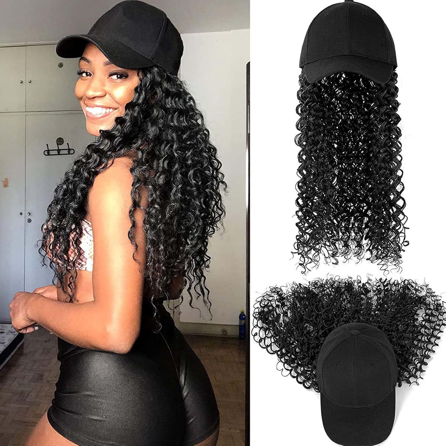 Perucas de comercio exterior, pelo largo rizado africano, sombrero de béisbol negro, pelo integral, espuma, rollo pequeño, falso natural, inventario