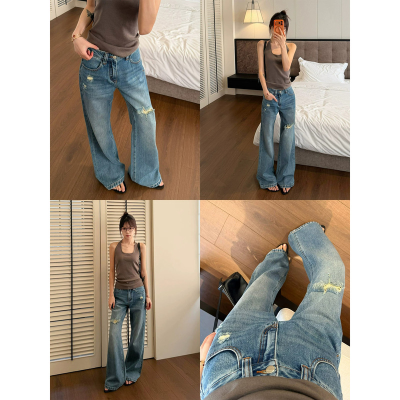 Fashionable Ripped Straight-Leg Jeans for Women, Spring and Autumn 2025 New Style, Petite High-Waisted Slim-Fit Narrow Wide-Leg Pants Fashionable Ripped Straight-Leg Jeans for Women, Spring and Autumn 2025 New Style, Petite High-Waisted Slim-Fit Narrow Wide-Leg Pants