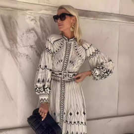 欧美跨境2025新款速卖通独立站亚麻宽松休闲复古灯笼袖腰带连衣裙