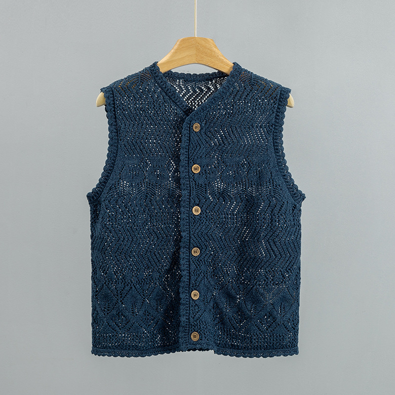 Japanese-Style Pure Artistic Style Japanese-Made Washi Yarn Long-Staple Cotton Round-Neck Handmade Crochet Knitted Vest Cardigan for Women Japanese-Style Pure Artistic Style Japanese-Made Washi Yarn Long-Staple Cotton Round-Neck Handmade Crochet Knitted Vest Cardigan for Women