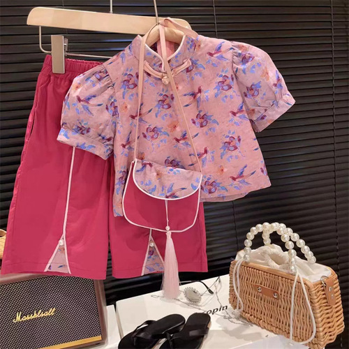 2024 Summer Collection New Korean Style Fashion Children's National Style Collar Puff Short Sleeve Cheongsam Top Wide Leg Pants Two-Piece Set