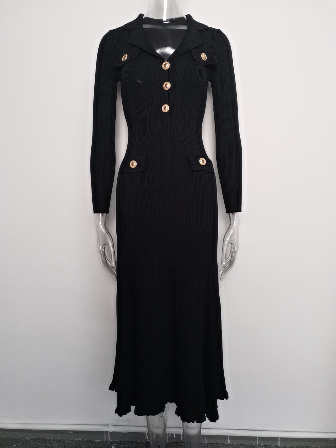 Women's Long Sleeve Blazer Collar Midi Dress Metal Buttons Rib Knit Bodycon Elegant Office Evening Wear Slip Dress_ecoleips.com