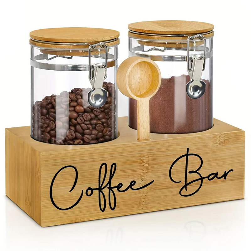 Snap-On Glass Sealed Jar Coffee Jar Wooden Storage Rack Countertop Display Coffee Rack Two-Pack Set with Wooden Spoon