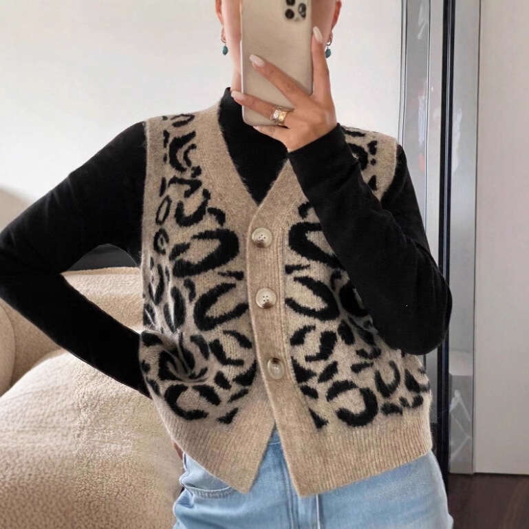 Leopard Print V-Neck Knitted Cardigan Sweater Jacket for Women Autumn and Winter 2026 Top Vest Multi-Button Sleeveless