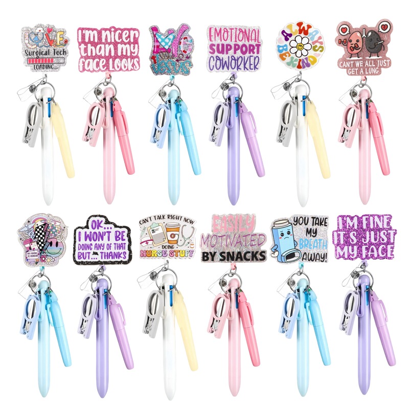 Cross-Border Hot-Selling Macaron Nurse Pen Set Telescopic Badge Holder Easy-Pull Buckle Id Buckle Medical Scissors Pendant