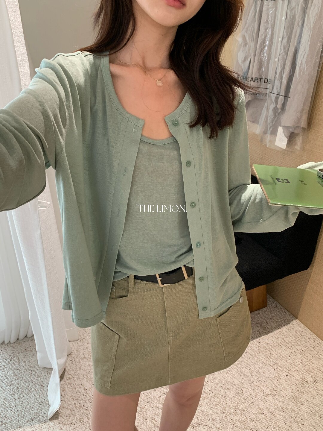 Bộ cardigan len mỏng kèm áo hai dây hai mảnh nữ mùa hè — Xám cacbon, xanh lam, màu hồng, Đậu xanh chi tiết 98