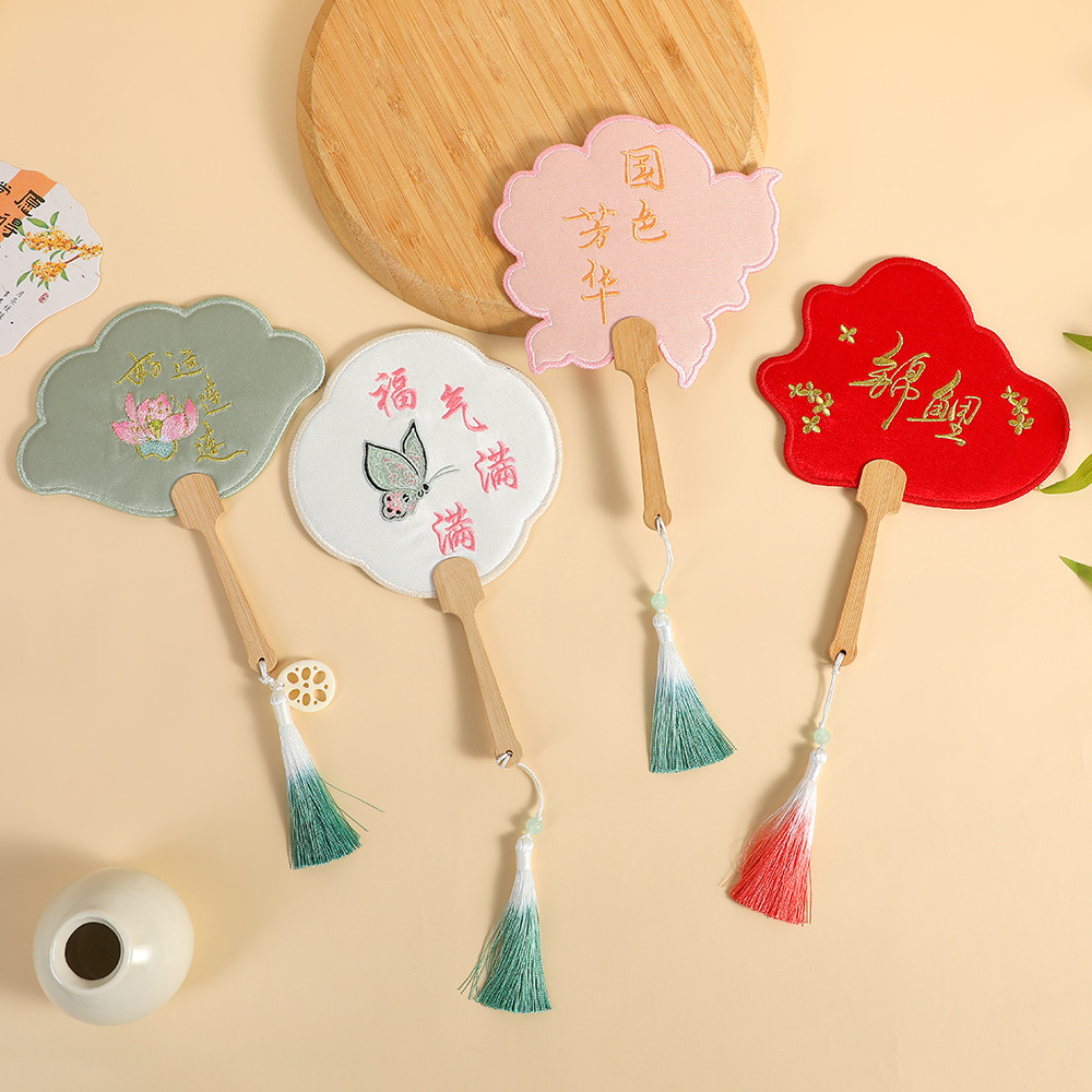 Mid-Autumn Festival Traditional Chinese-Style Hand-Held Fan with Lotus and Osmanthus, Uniquely Shaped Butterfly Embroidery, Large Fabric Fan